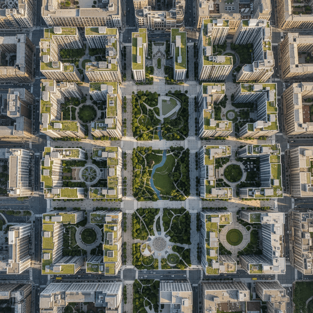 Aerial view of a large urban masterplan with integrated green spaces