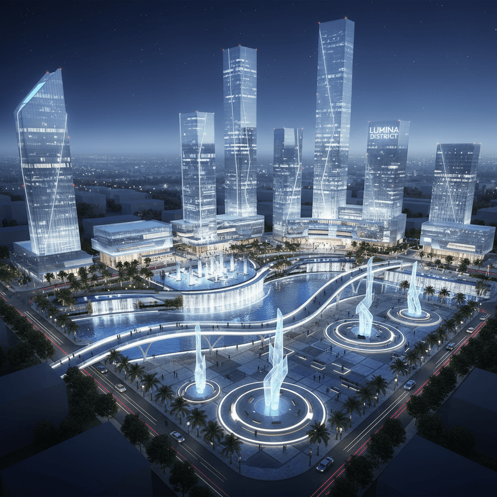 Night rendering of a masterplanned district with illuminated public space and water feature