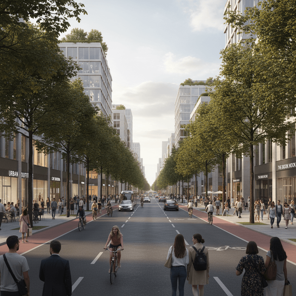 Street-level rendering of a masterplanned boulevard with retail and pedestrian zones