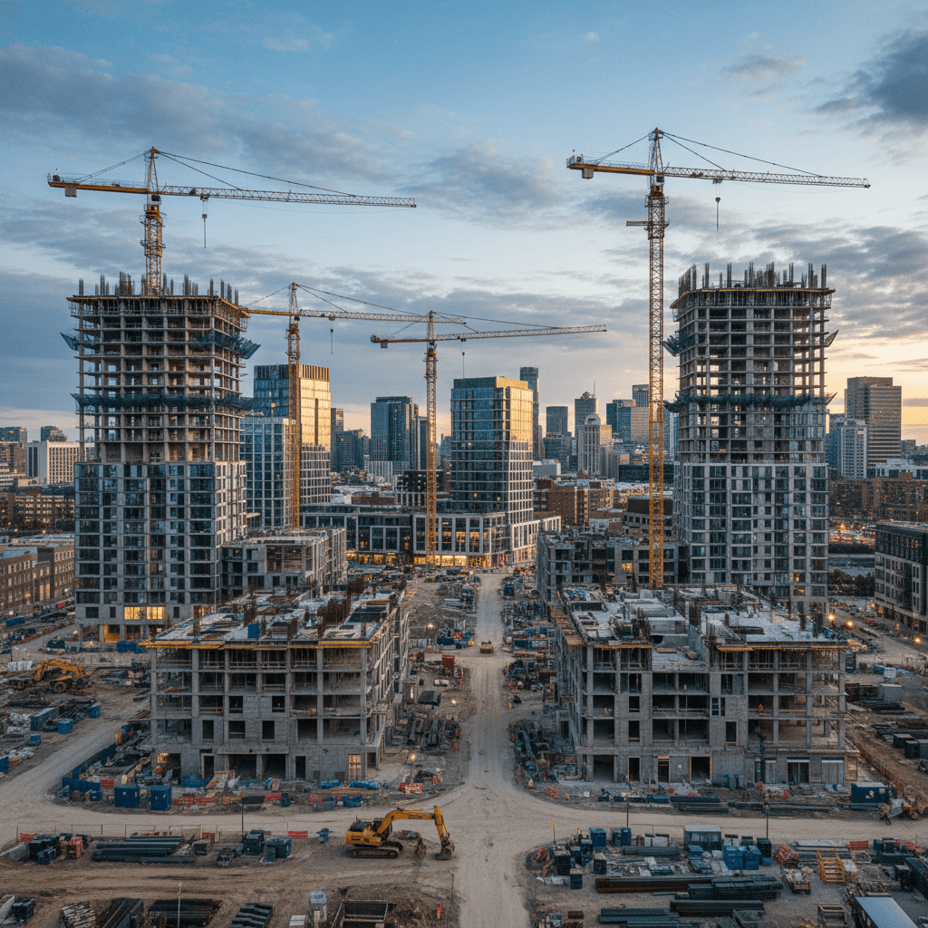 Construction progress on a large-scale urban redevelopment masterplan