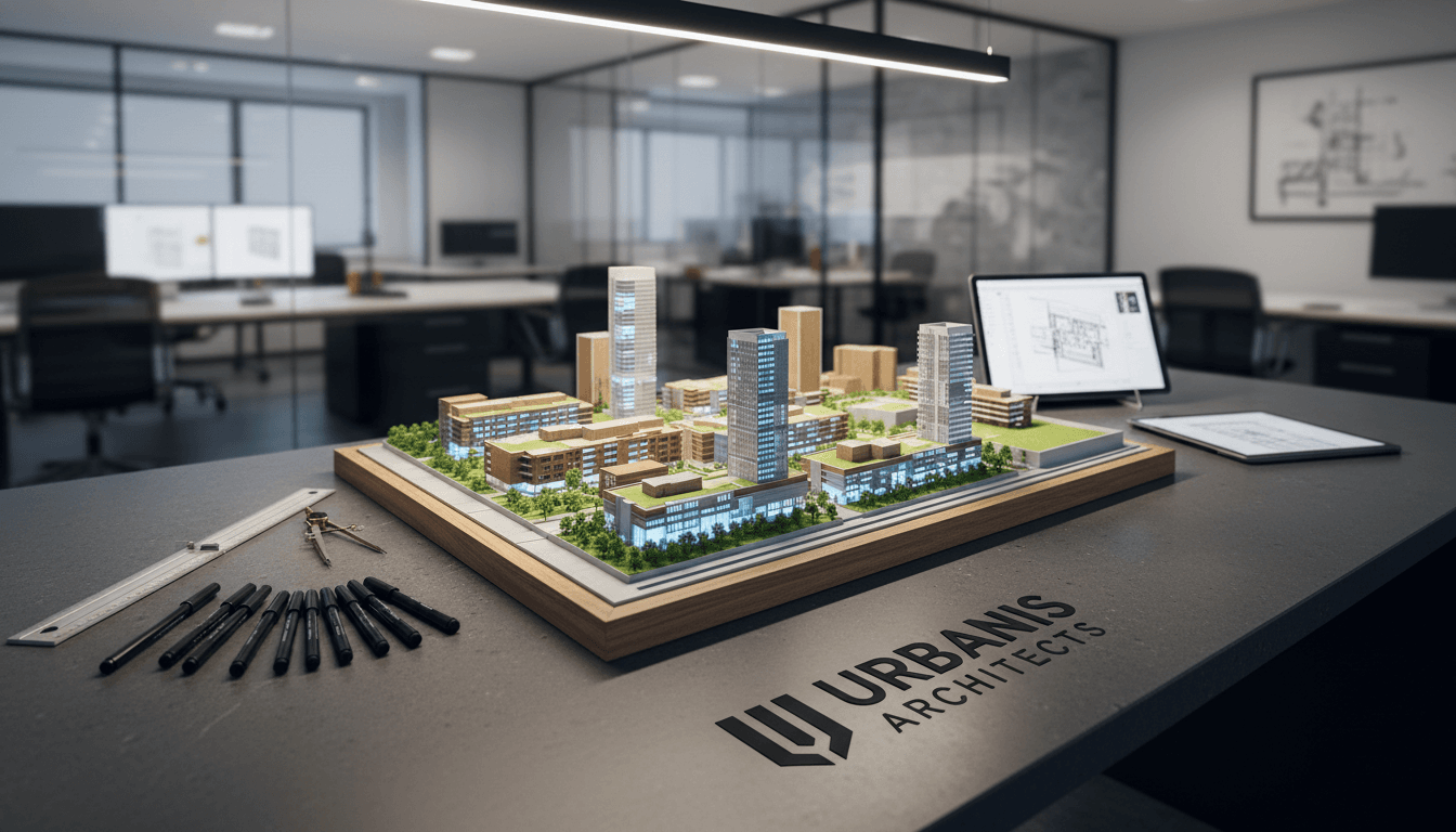 Architectural model with drafting tools on a dark desk, emphasizing modern design