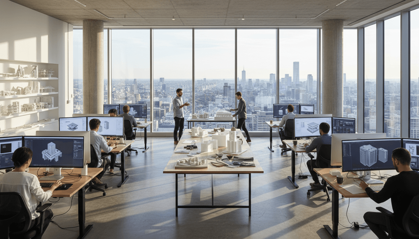 Modern architectural studio with designers working at desks, design models, and city skyline views through windows