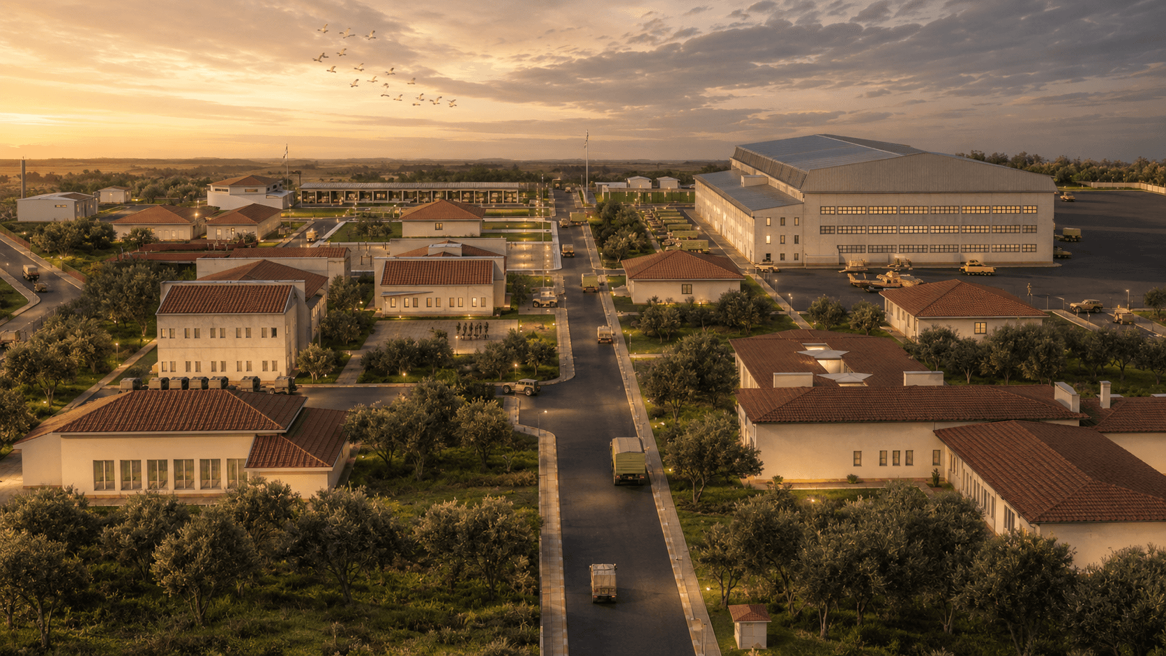 Military base with red-roofed buildings and a large hangar under a golden sunset sky.