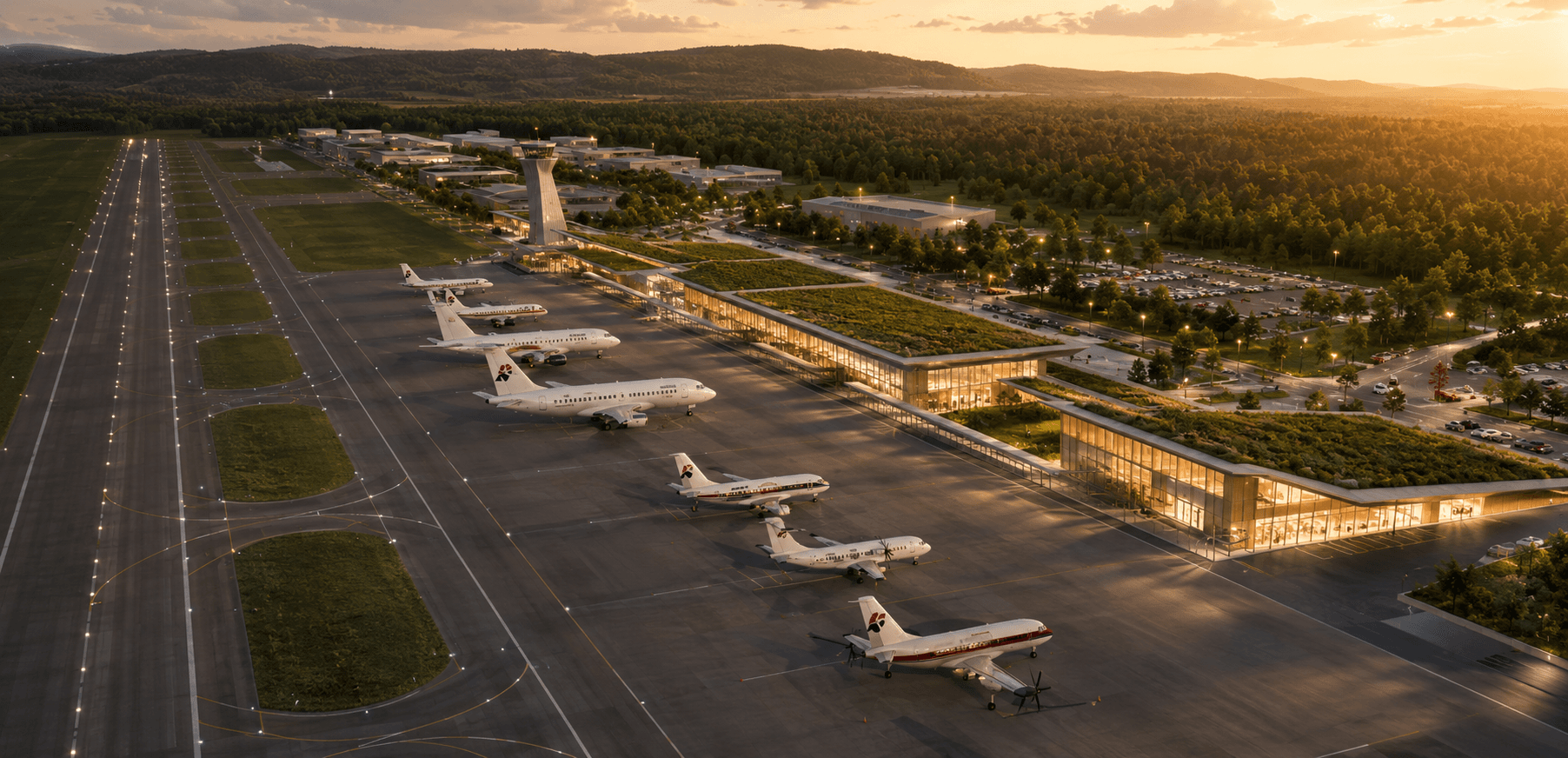 Aerial view of a modern airport terminal with green roofs and airplanes at golden sunset.