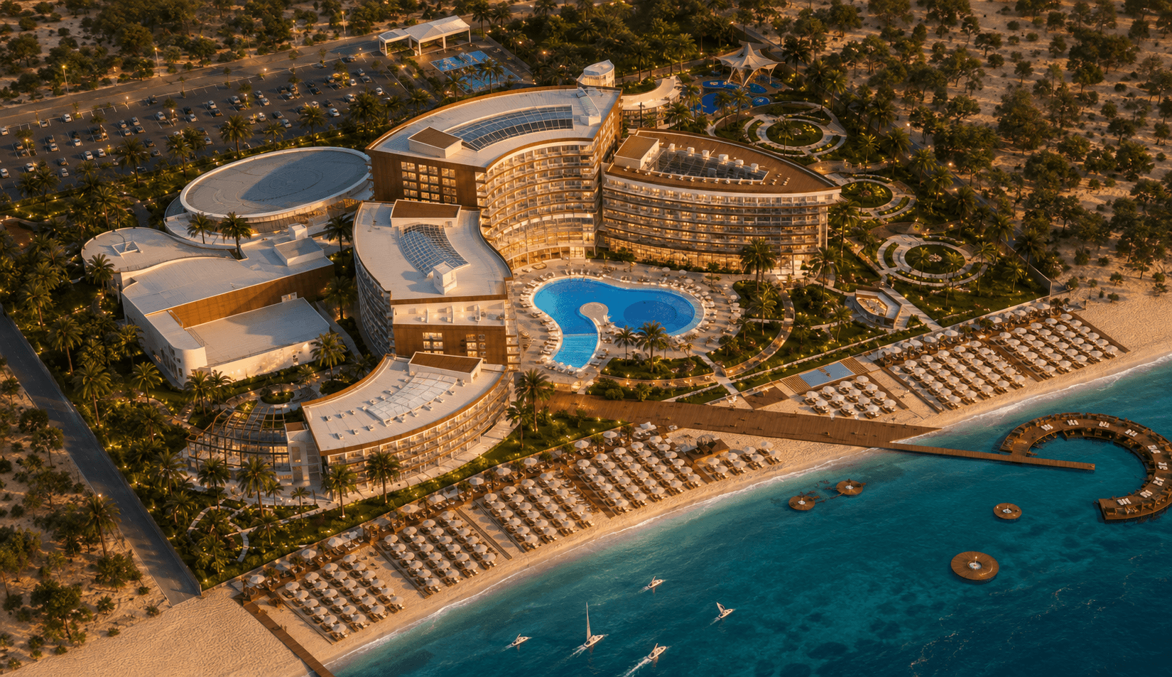 Aerial view of a luxury beachfront resort with curved buildings, central pool, and turquoise water.