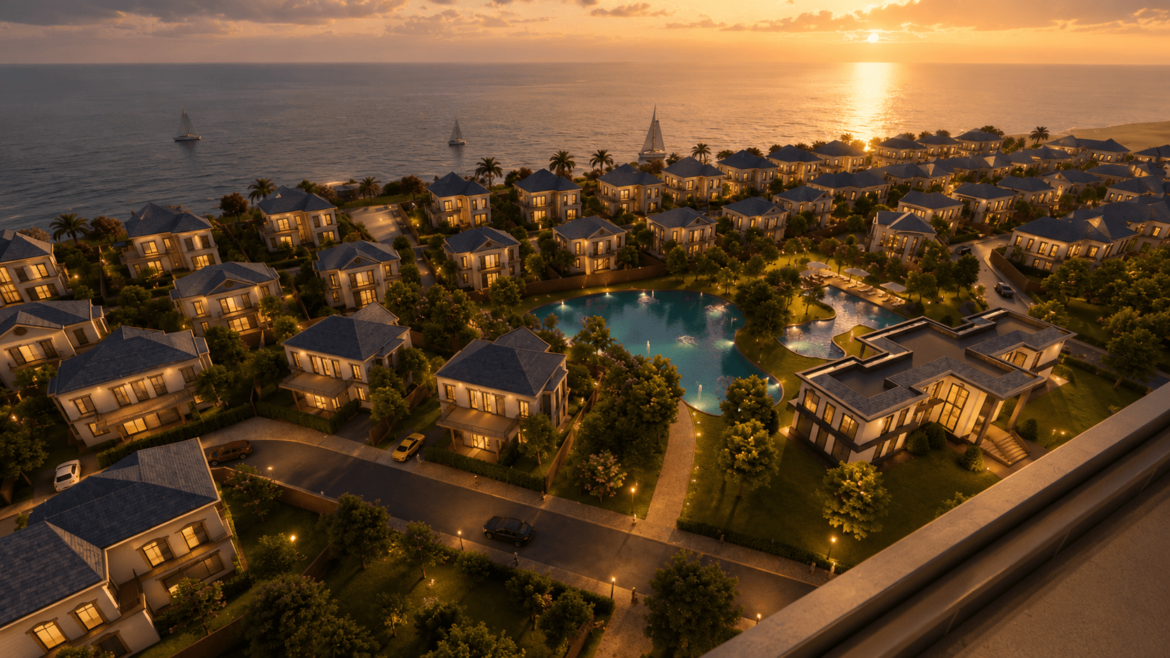 Luxury coastal villas and pools illuminated at sunset with sailboats on the calm ocean.