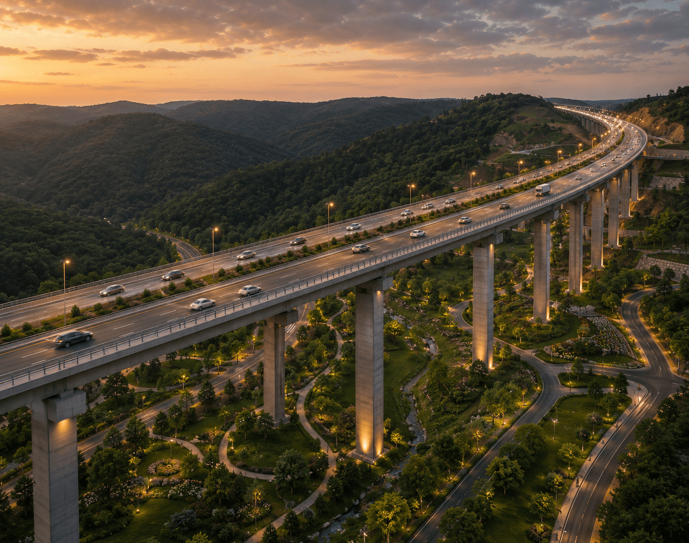 Traffic crosses a high viaduct over a green park and forested mountains at sunset.